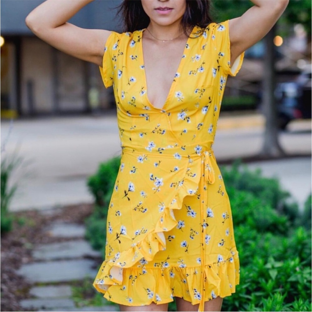 Yellow Floral Wrap Dress